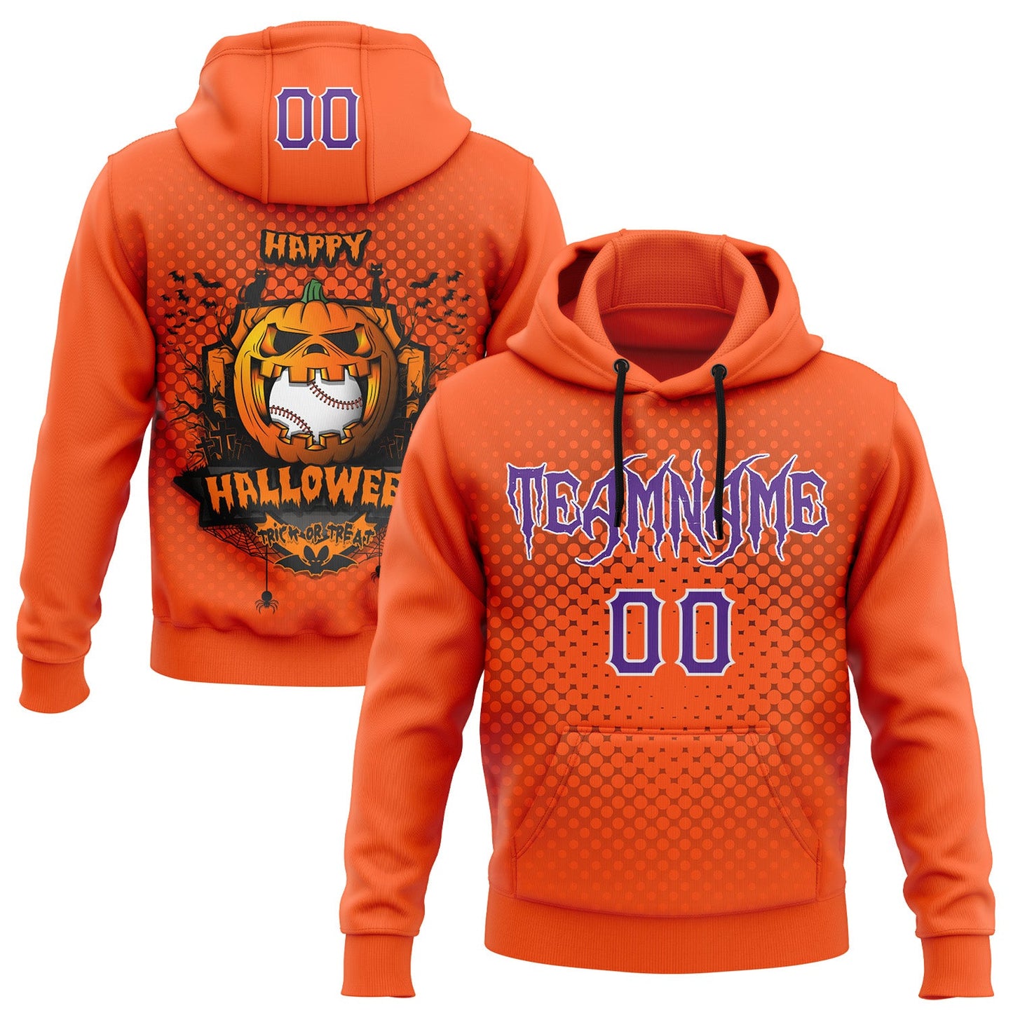 Custom Purple Orange-White 3D Halloween Pumpkin Doodle Party Costume Ideas Sports Pullover Sweatshirt Hoodie - Main View