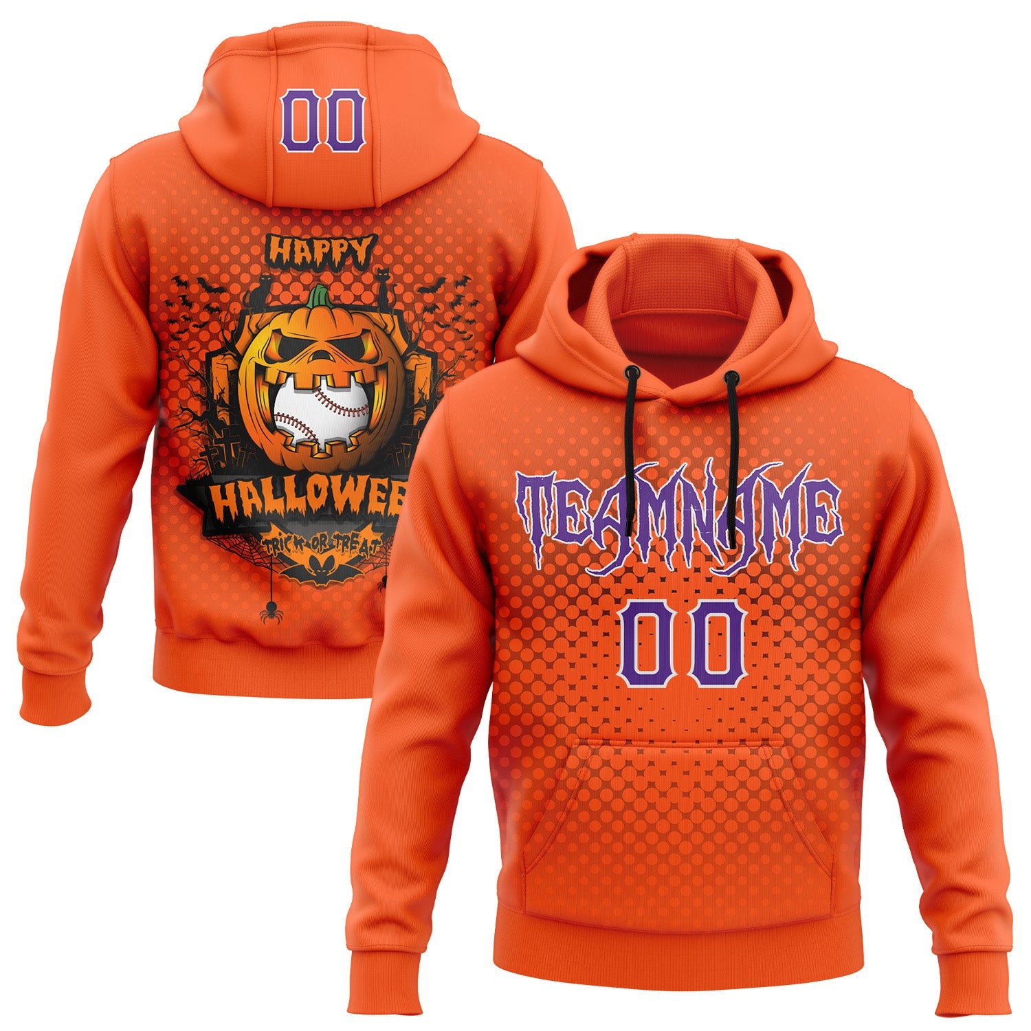 Custom Purple Orange-White 3D Halloween Pumpkin Doodle Party Costume Ideas Sports Pullover Sweatshirt Hoodie - Main View