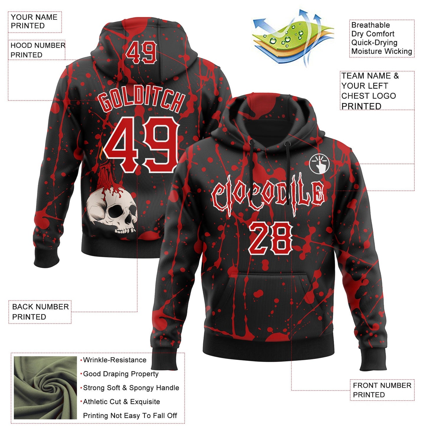 Custom Black Red-White 3D Halloween Skull Party Costume Ideas Sports Pullover Sweatshirt Hoodie view 2