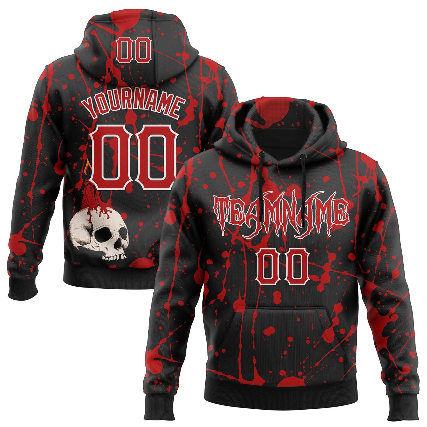 Custom Black Red-White 3D Halloween Skull Party Costume Ideas Sports Pullover Sweatshirt Hoodie - Main View