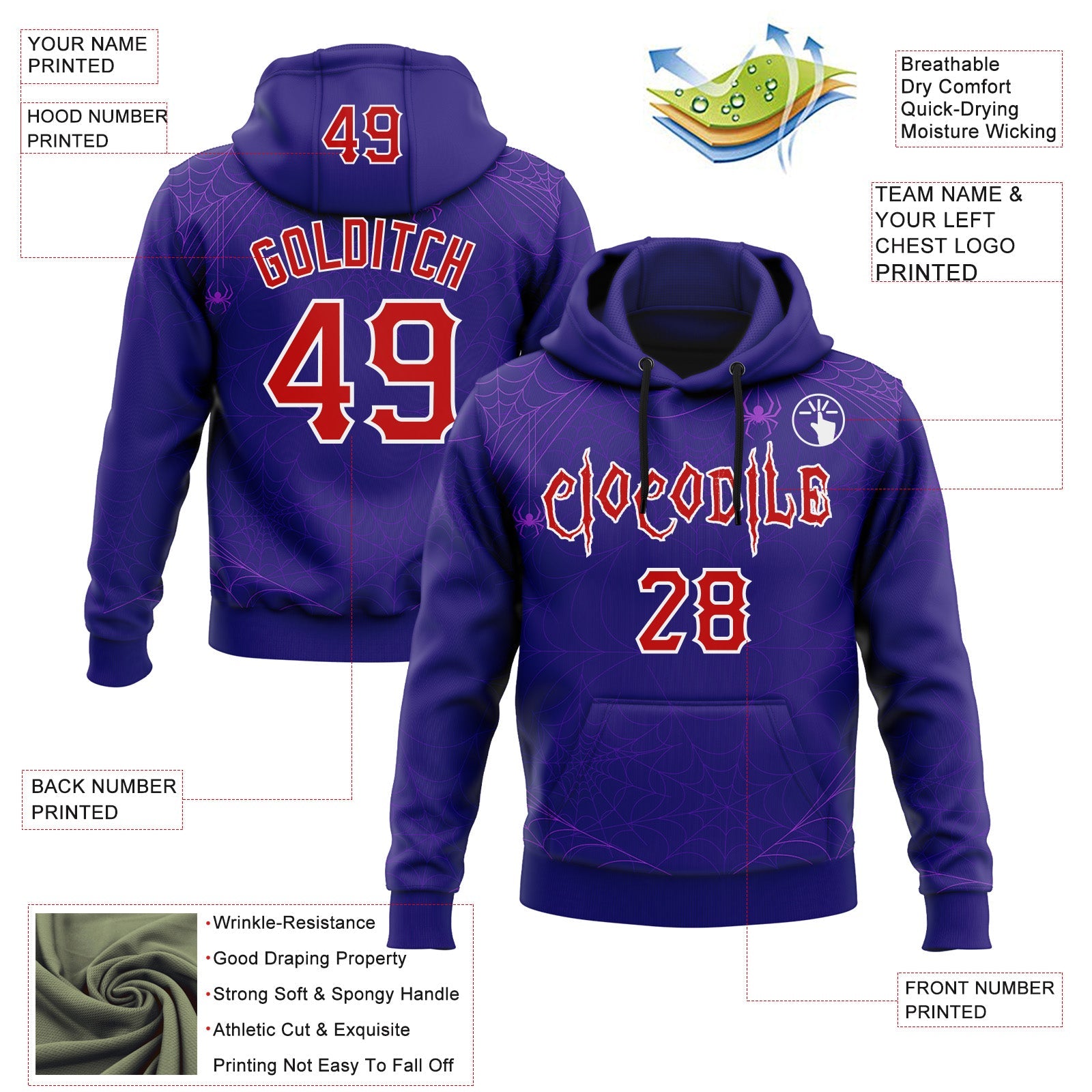Custom Dark Purple Red-White 3D Halloween Spider Net Party Costume Ideas Sports Pullover Sweatshirt Hoodie view 2