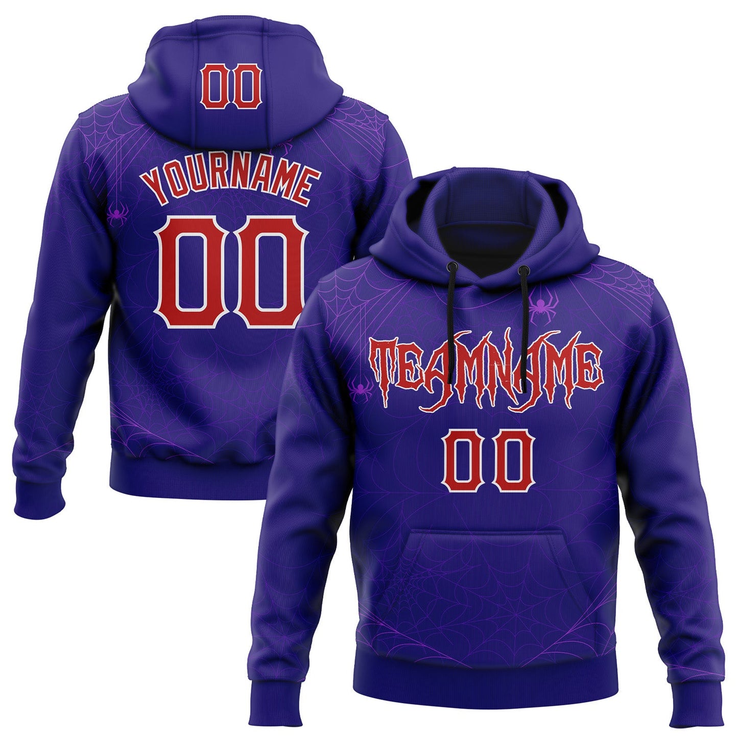 Custom Dark Purple Red-White 3D Halloween Spider Net Party Costume Ideas Sports Pullover Sweatshirt Hoodie - Main View