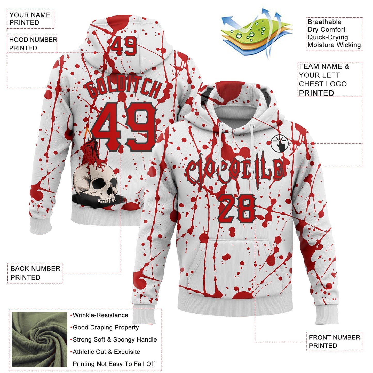 Custom White Red-Black 3D Halloween Skull Party Costume Ideas Sports Pullover Sweatshirt Hoodie view 2