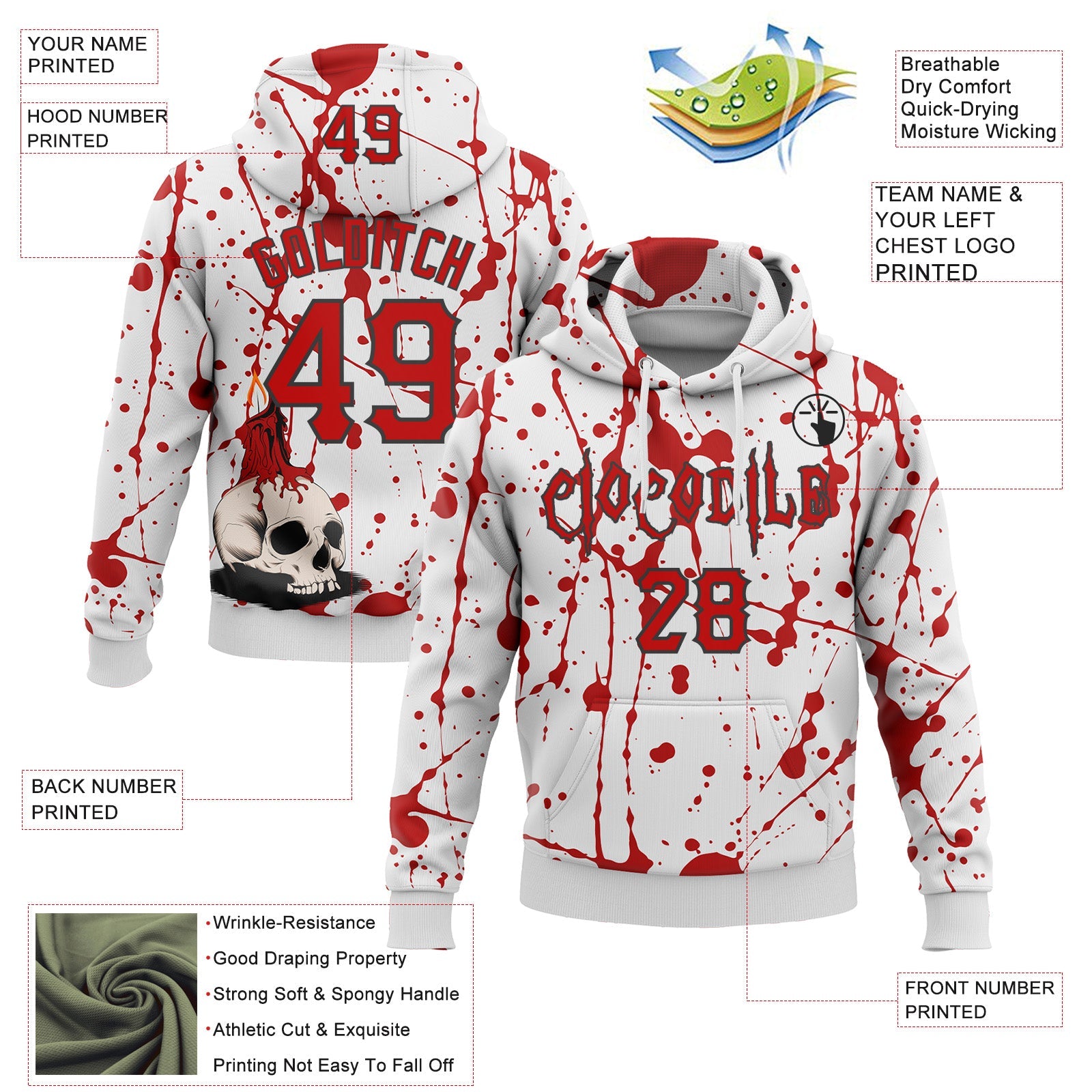Custom White Red-Black 3D Halloween Skull Party Costume Ideas Sports Pullover Sweatshirt Hoodie view 2