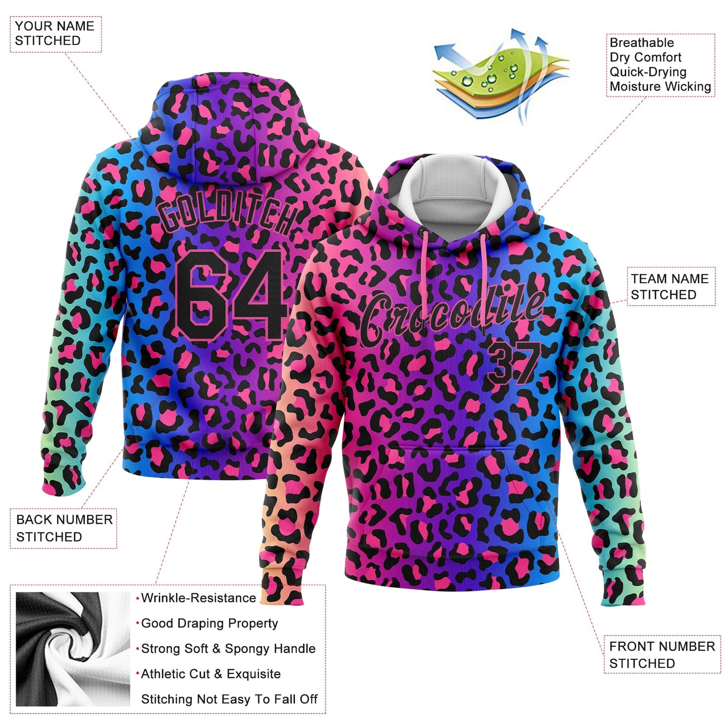 Custom Stitched Purple Black-Pink 3D Pattern Design Leopard Sports Pullover Sweatshirt Hoodie view 2