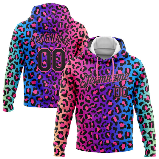 Custom Stitched Purple Black-Pink 3D Pattern Design Leopard Sports Pullover Sweatshirt Hoodie - Main View