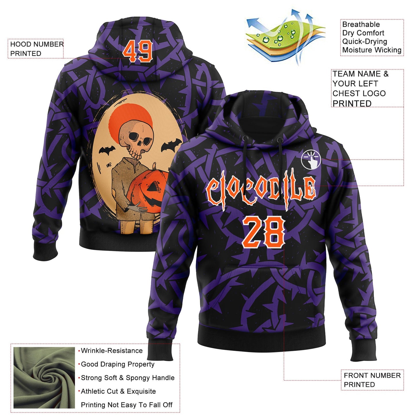 Custom Black Orange Purple-White 3D Halloween Skull Pumpkin Party Costume Ideas Sports Pullover Sweatshirt Hoodie view 2