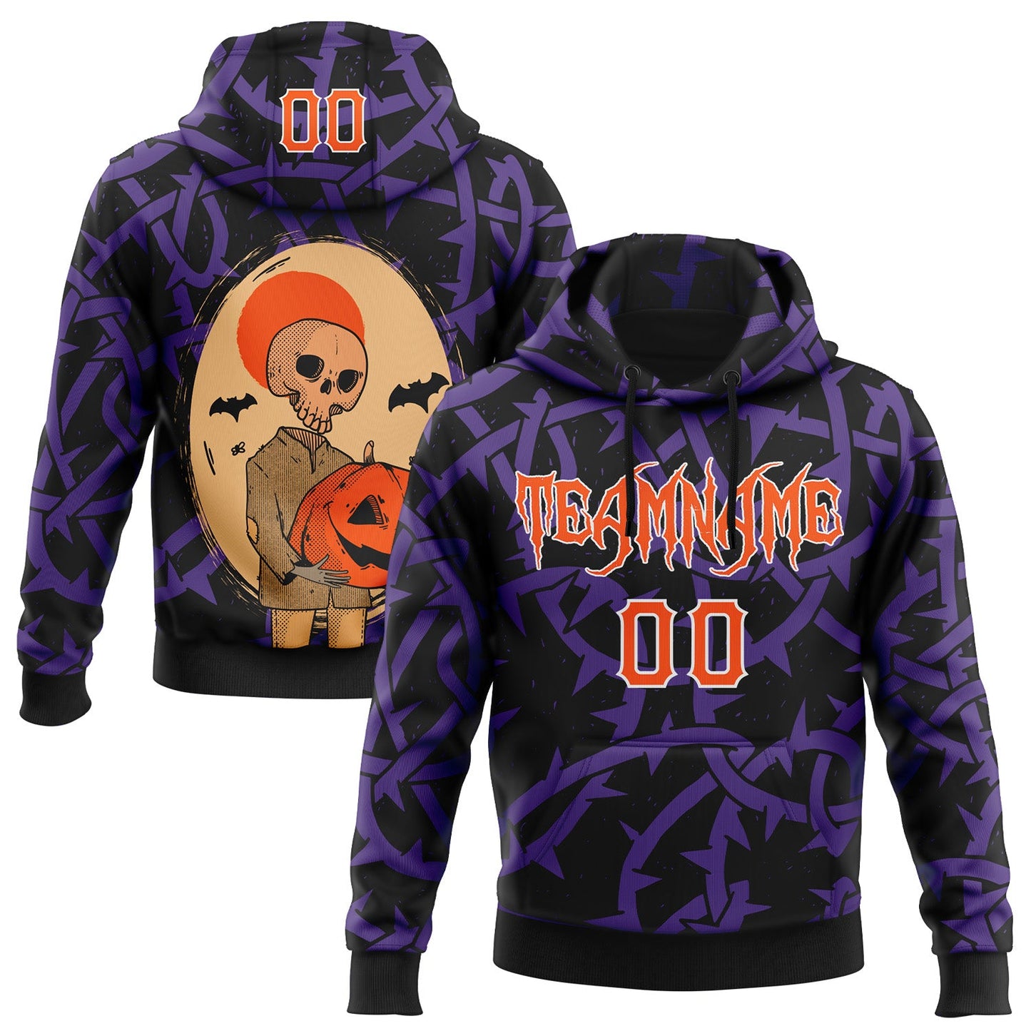 Custom Black Orange Purple-White 3D Halloween Skull Pumpkin Party Costume Ideas Sports Pullover Sweatshirt Hoodie - Main View