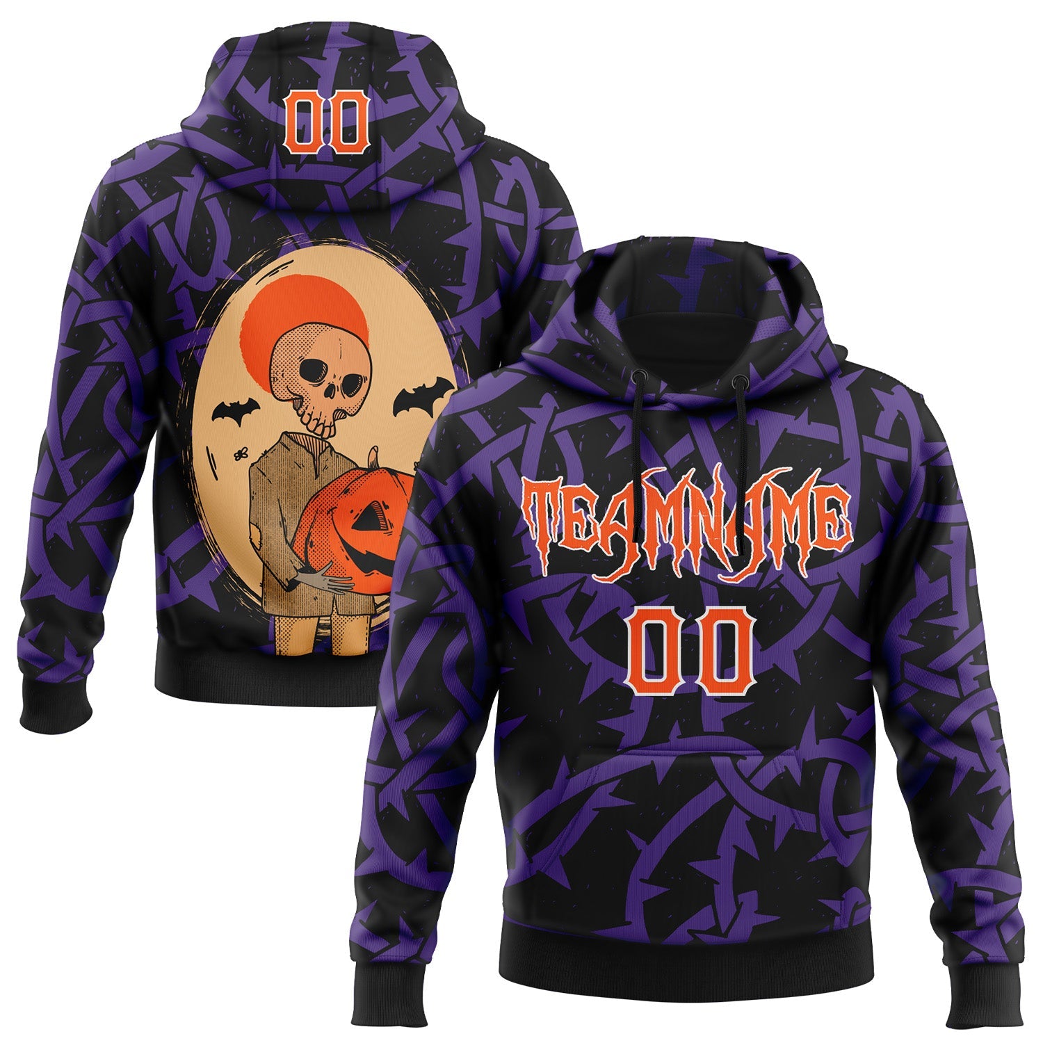 Custom Black Orange Purple-White 3D Halloween Skull Pumpkin Party Costume Ideas Sports Pullover Sweatshirt Hoodie - Main View