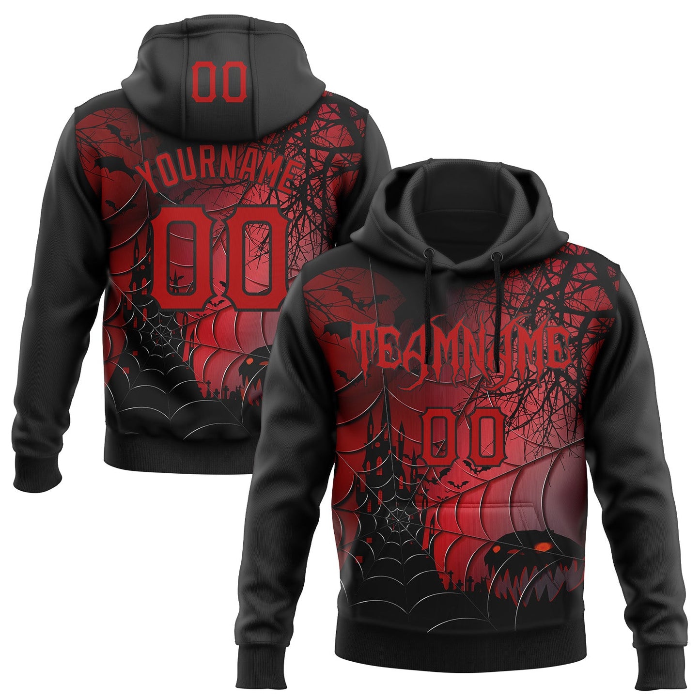 Custom Black Red 3D Halloween Spider Net Spooky Party Costume Ideas Sports Pullover Sweatshirt Hoodie - Main View