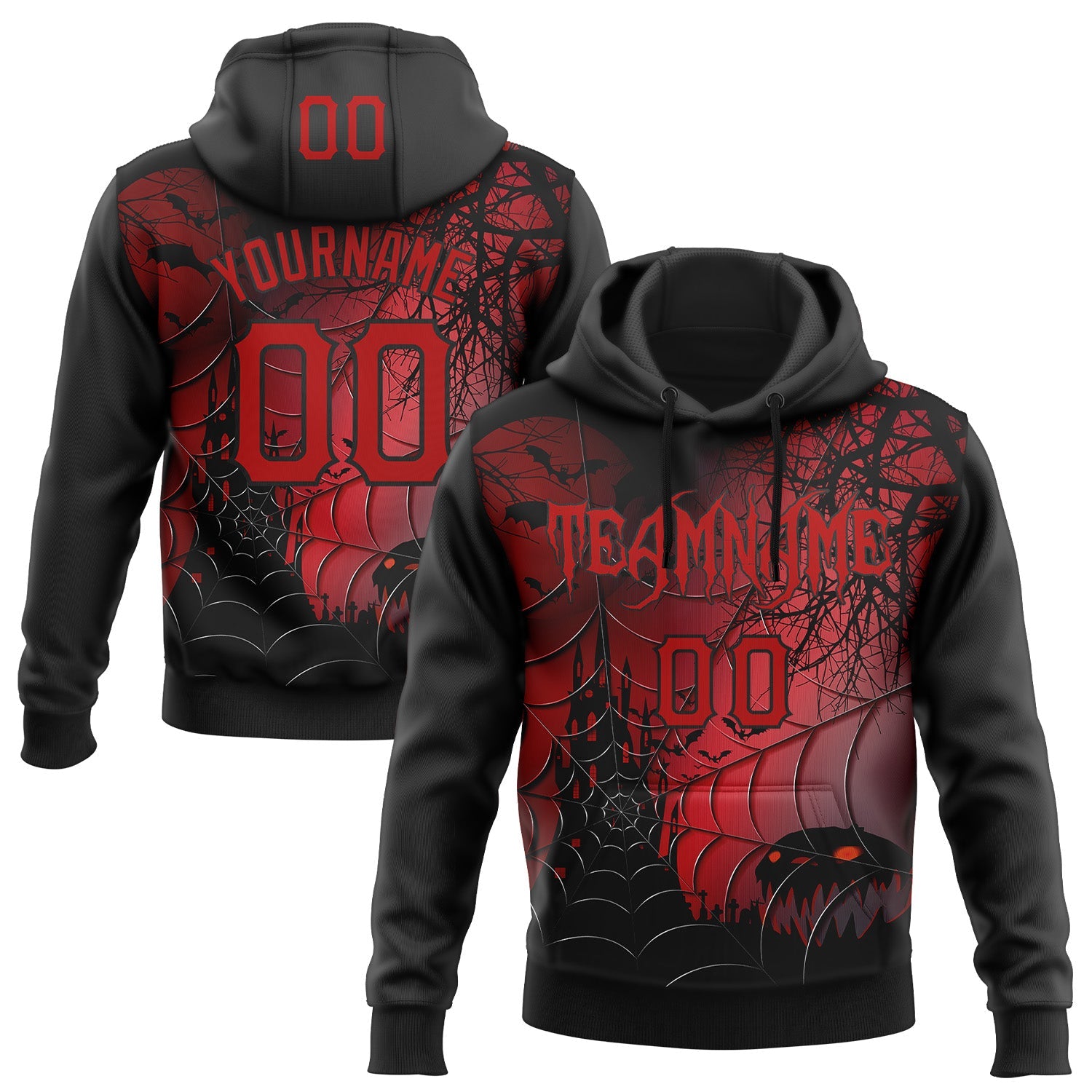 Custom Black Red 3D Halloween Spider Net Spooky Party Costume Ideas Sports Pullover Sweatshirt Hoodie - Main View