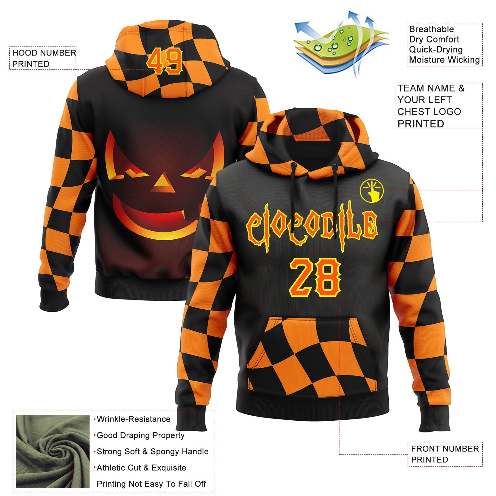 Custom Black Orange-Light Yellow 3D Halloween Checkboard Pumpkin Party Costume Ideas Sports Pullover Sweatshirt Hoodie view 2