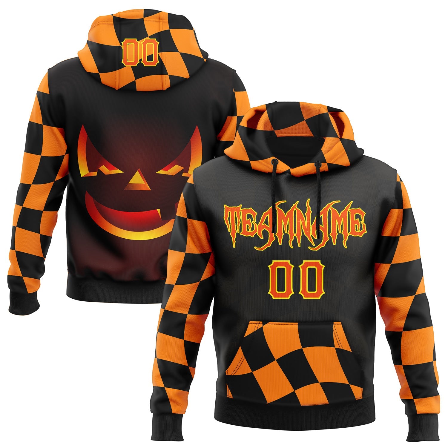 Custom Black Orange-Light Yellow 3D Halloween Checkboard Pumpkin Party Costume Ideas Sports Pullover Sweatshirt Hoodie - Main View
