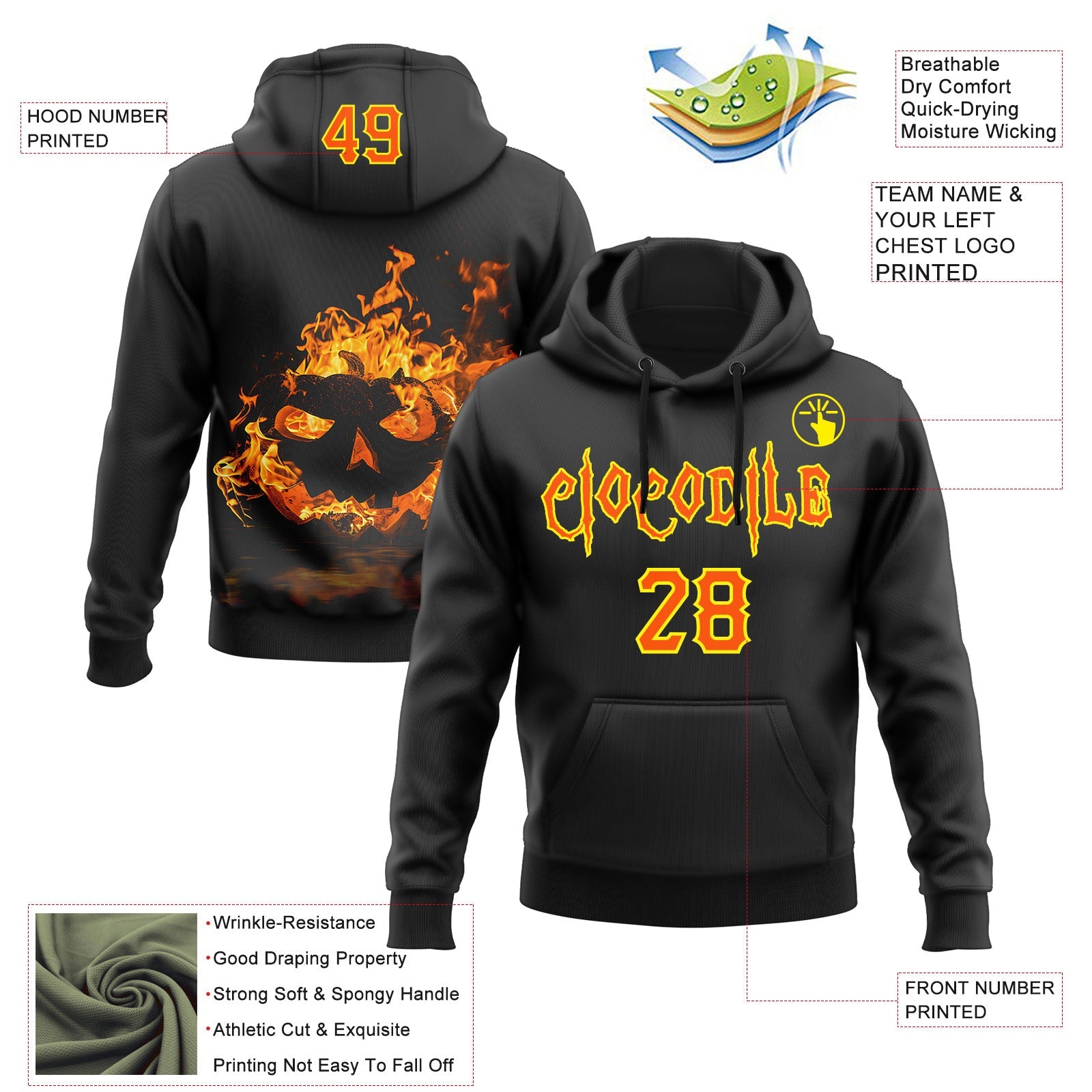Custom Black Orange-Light Yellow 3D Halloween Flame Pumpkin Party Costume Ideas Sports Pullover Sweatshirt Hoodie view 2