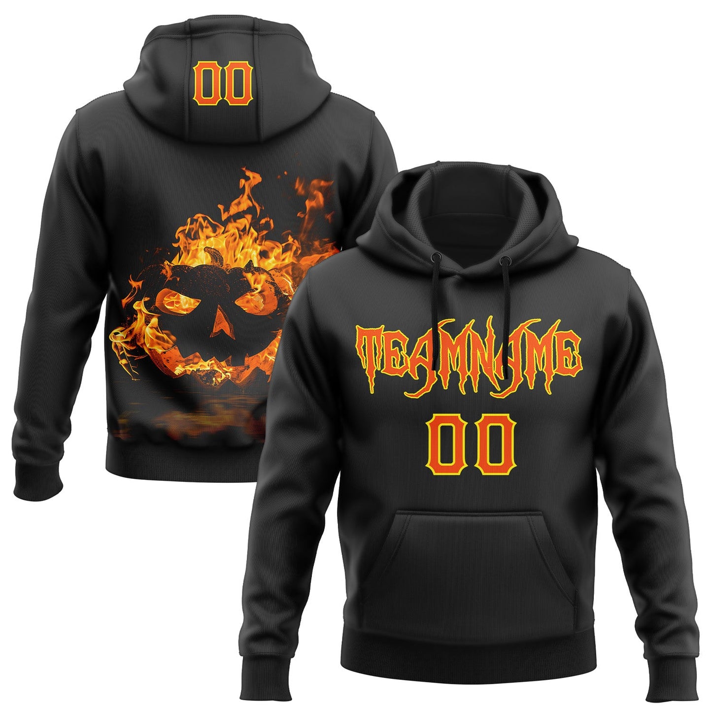Custom Black Orange-Light Yellow 3D Halloween Flame Pumpkin Party Costume Ideas Sports Pullover Sweatshirt Hoodie - Main View