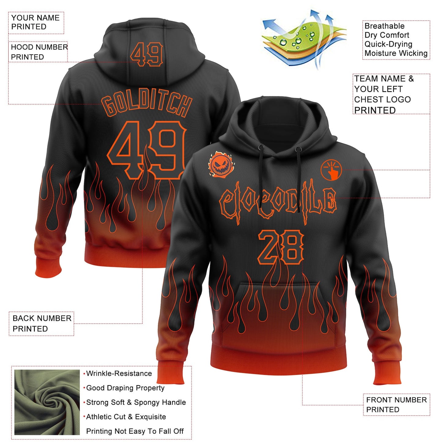 Custom Black Orange 3D Halloween Flame Pumpkin Party Costume Ideas Sports Pullover Sweatshirt Hoodie view 2