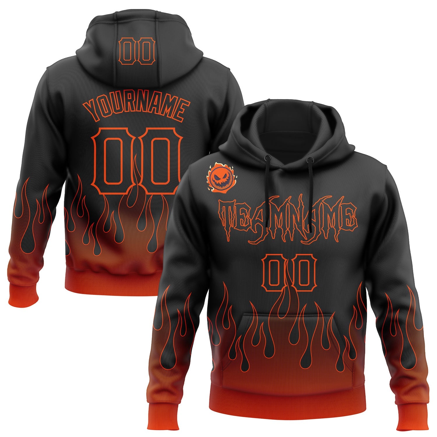 Custom Black Orange 3D Halloween Flame Pumpkin Party Costume Ideas Sports Pullover Sweatshirt Hoodie - Main View