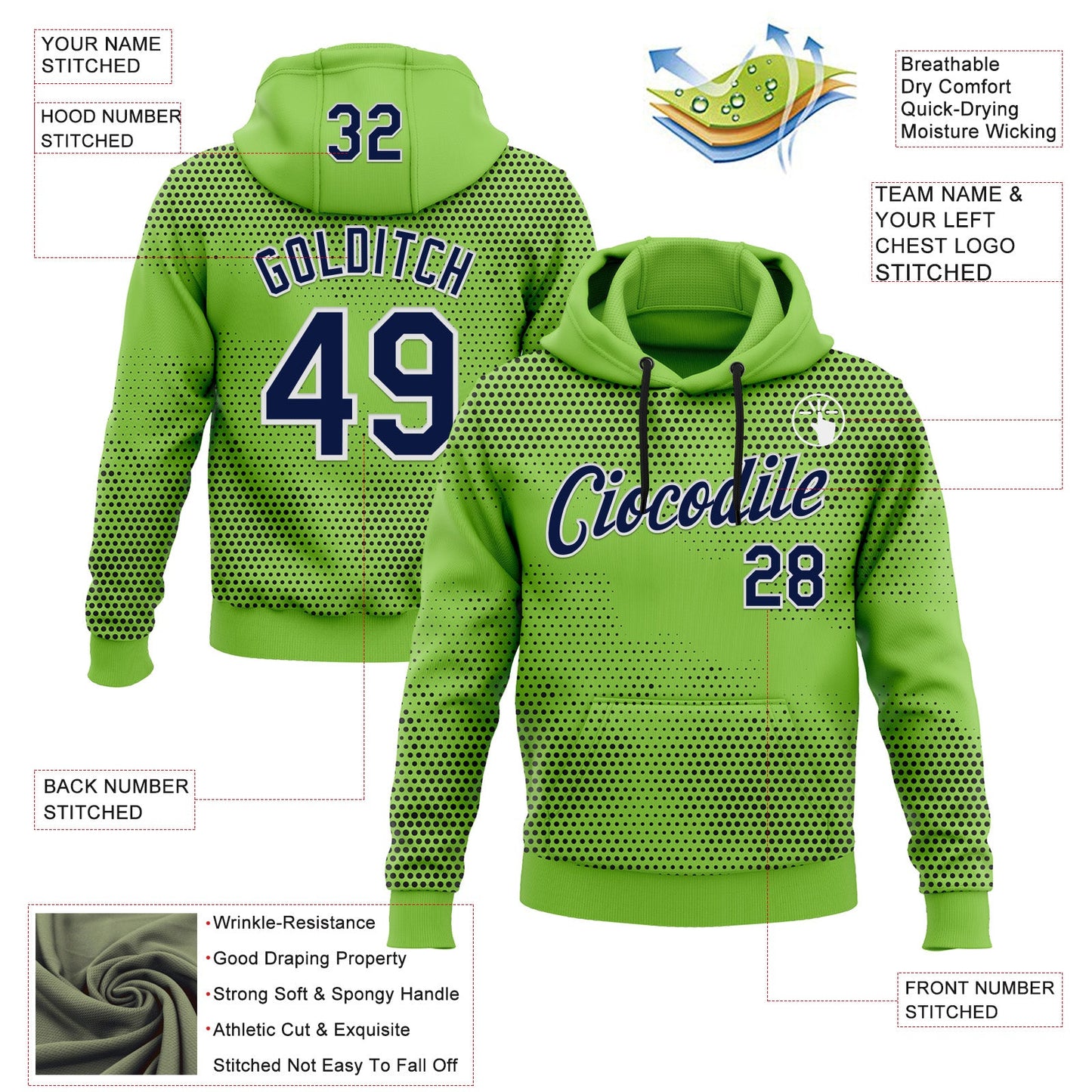 Custom Stitched Neon Green Navy-White 3D Pattern Design Sportswear Pullover Sweatshirt Hoodie view 2