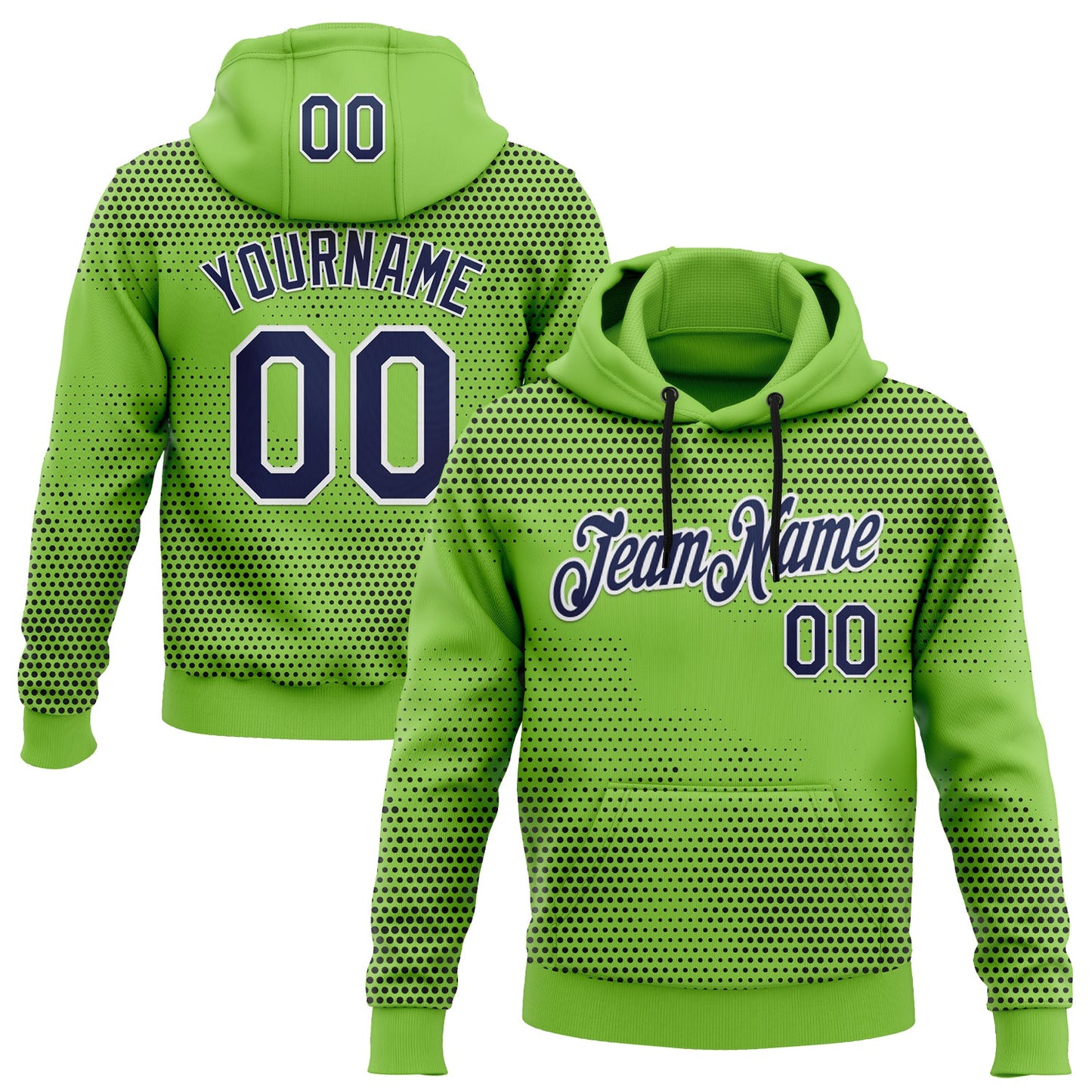 Custom Stitched Neon Green Navy-White 3D Pattern Design Sportswear Pullover Sweatshirt Hoodie - Main View