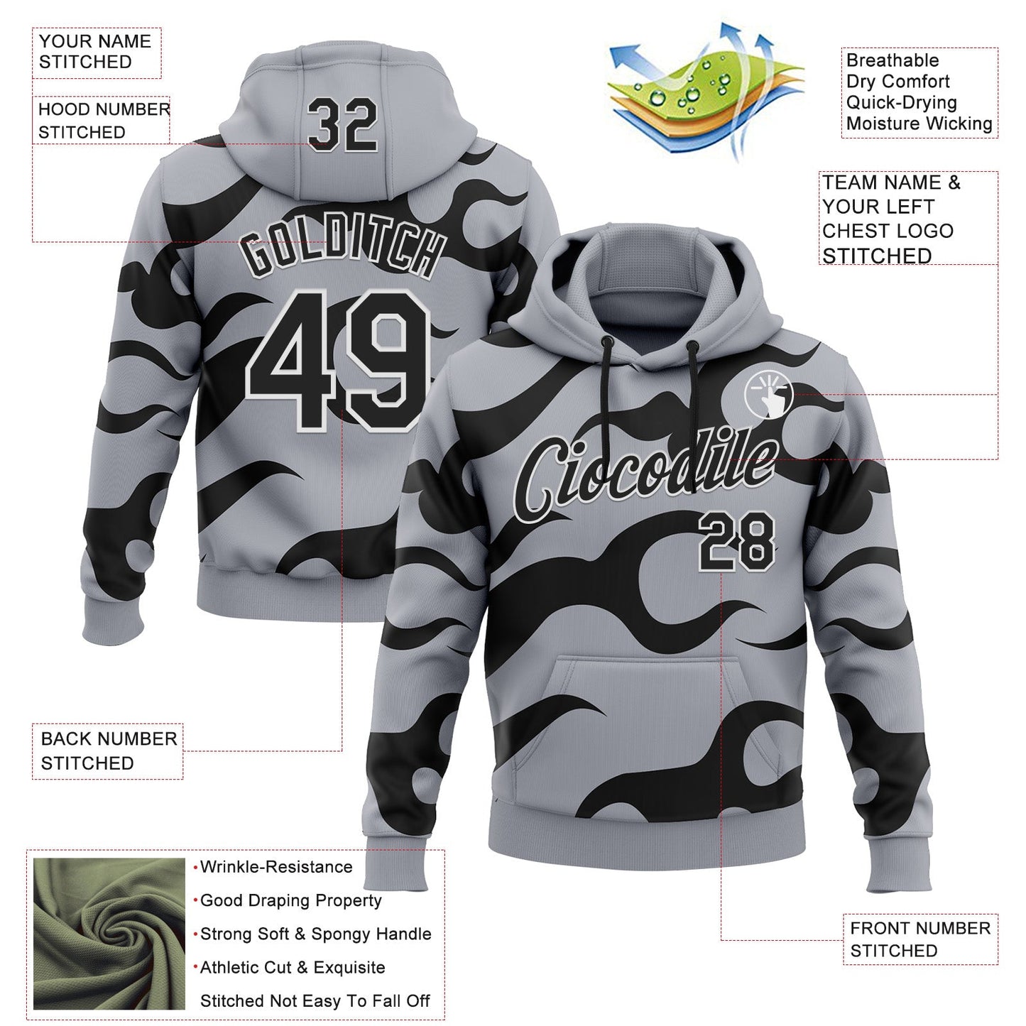 Custom Stitched Gray Black-White 3D Pattern Design Sportswear Pullover Sweatshirt Hoodie view 2