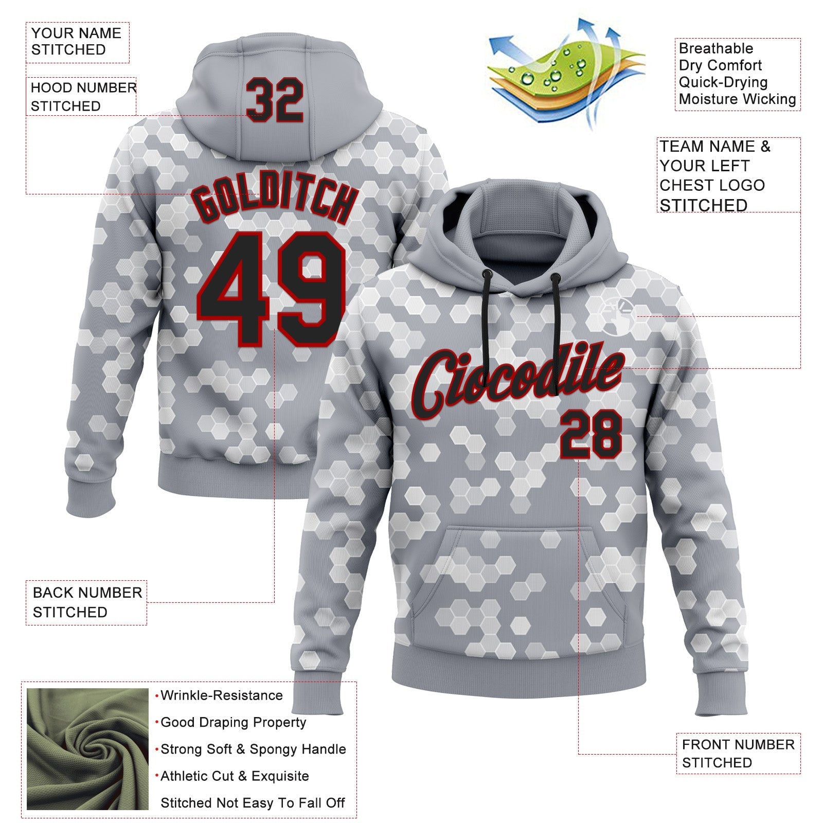 Custom Stitched Gray Black-Red 3D Pattern Design Sportswear Pullover Sweatshirt Hoodie view 2