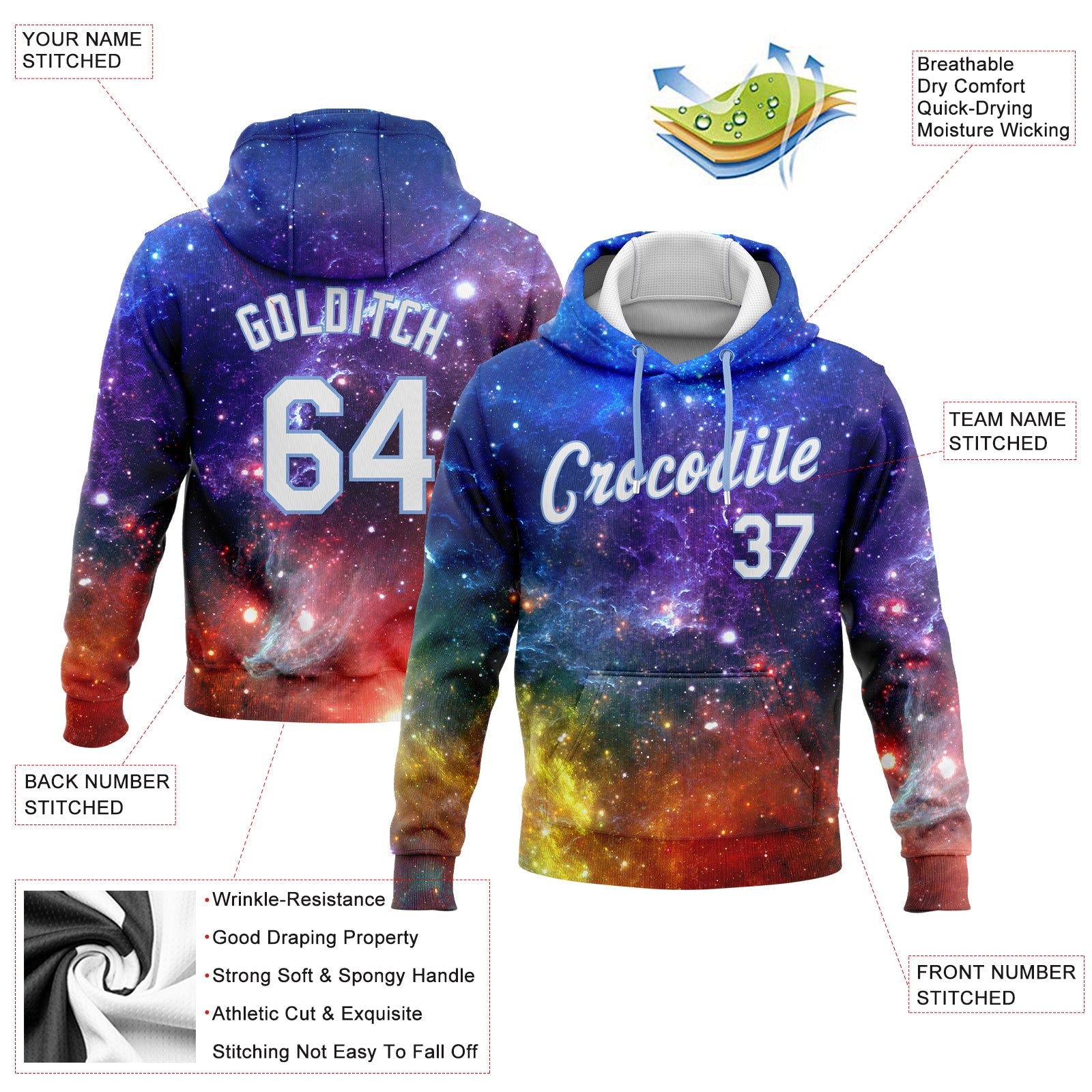 Custom Stitched Galactic White-Light Blue 3D Pattern Design Sports Pullover Sweatshirt Hoodie view 2