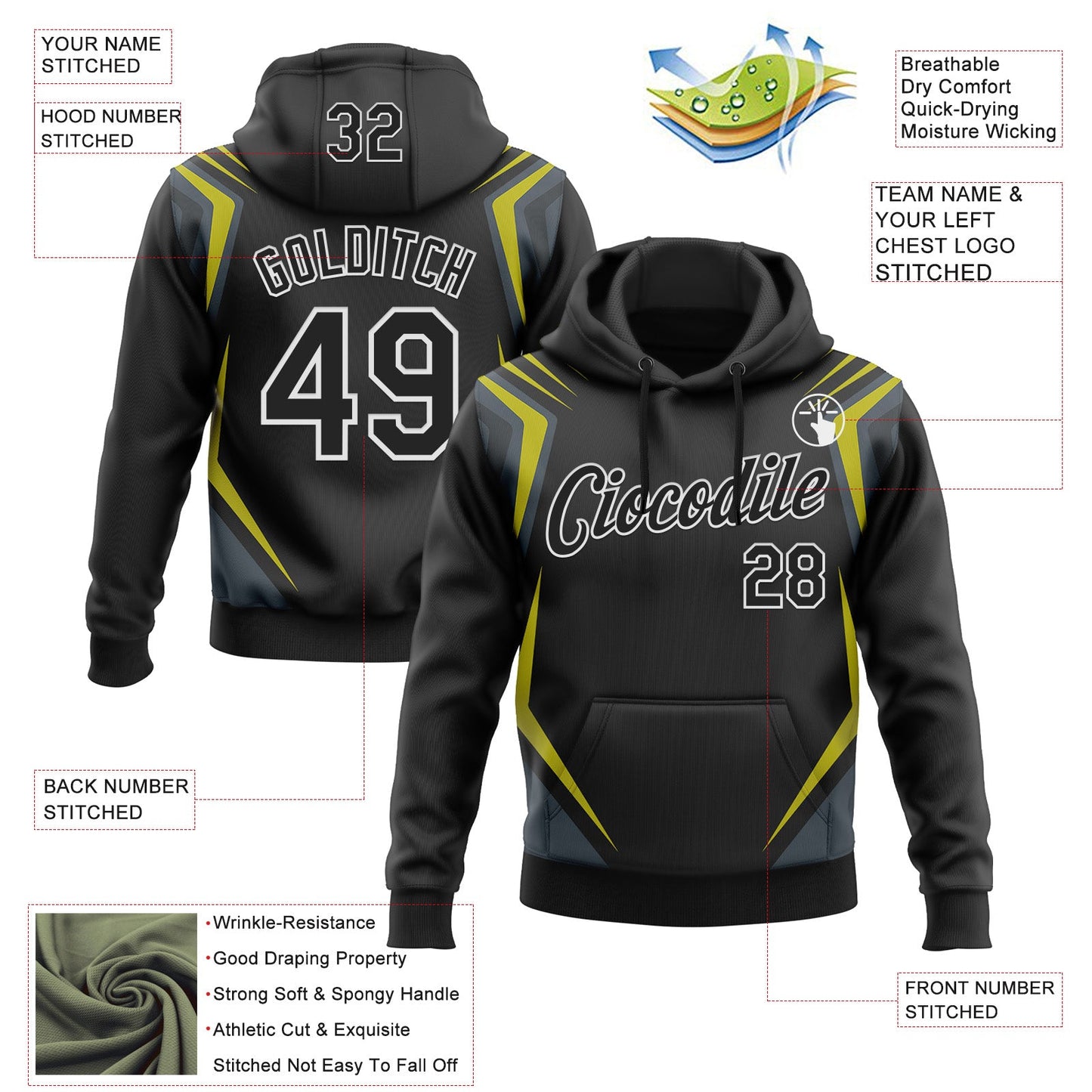 Custom Stitched Black Yellow-White 3D Pattern Design Sportswear Pullover Sweatshirt Hoodie view 2