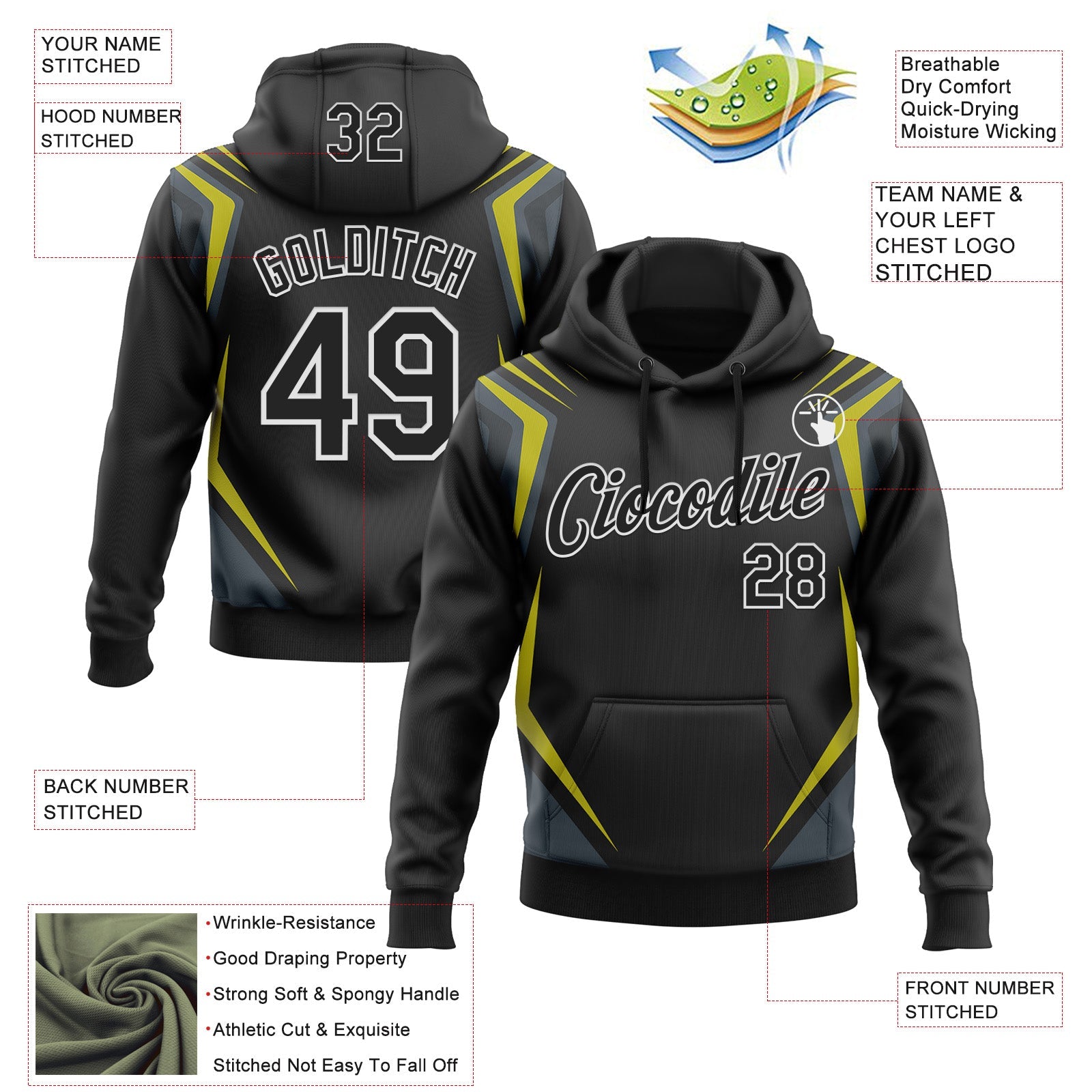 Custom Stitched Black Yellow-White 3D Pattern Design Sportswear Pullover Sweatshirt Hoodie view 2