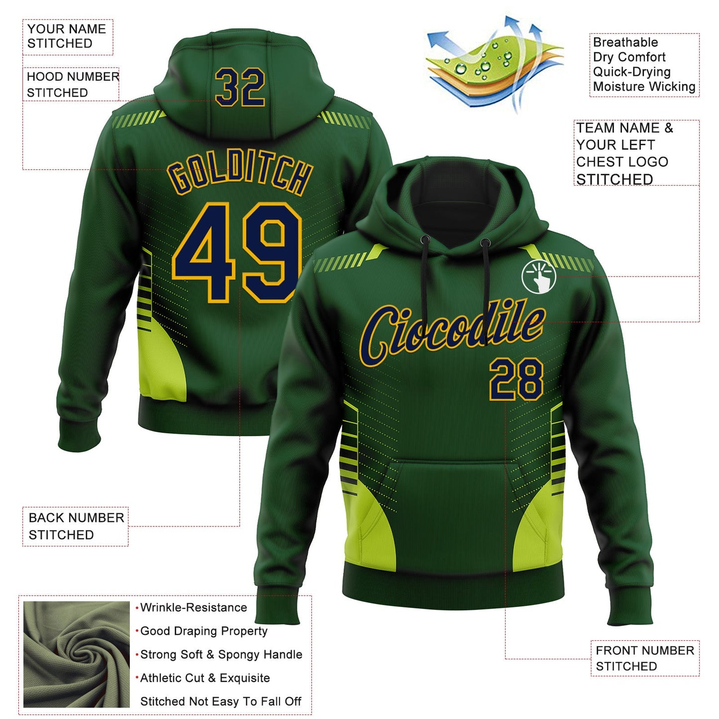 Custom Stitched Green Navy-Gold 3D Pattern Design Sportswear Pullover Sweatshirt Hoodie view 2