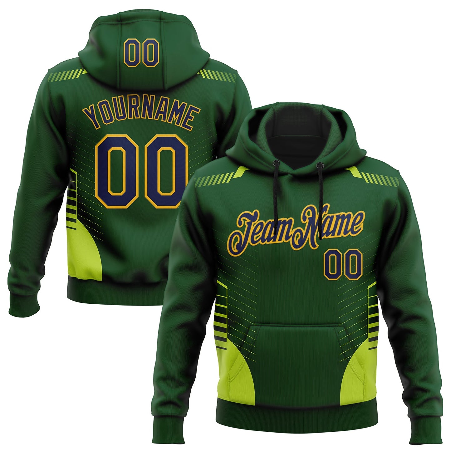 Custom Stitched Green Navy-Gold 3D Pattern Design Sportswear Pullover Sweatshirt Hoodie - Main View