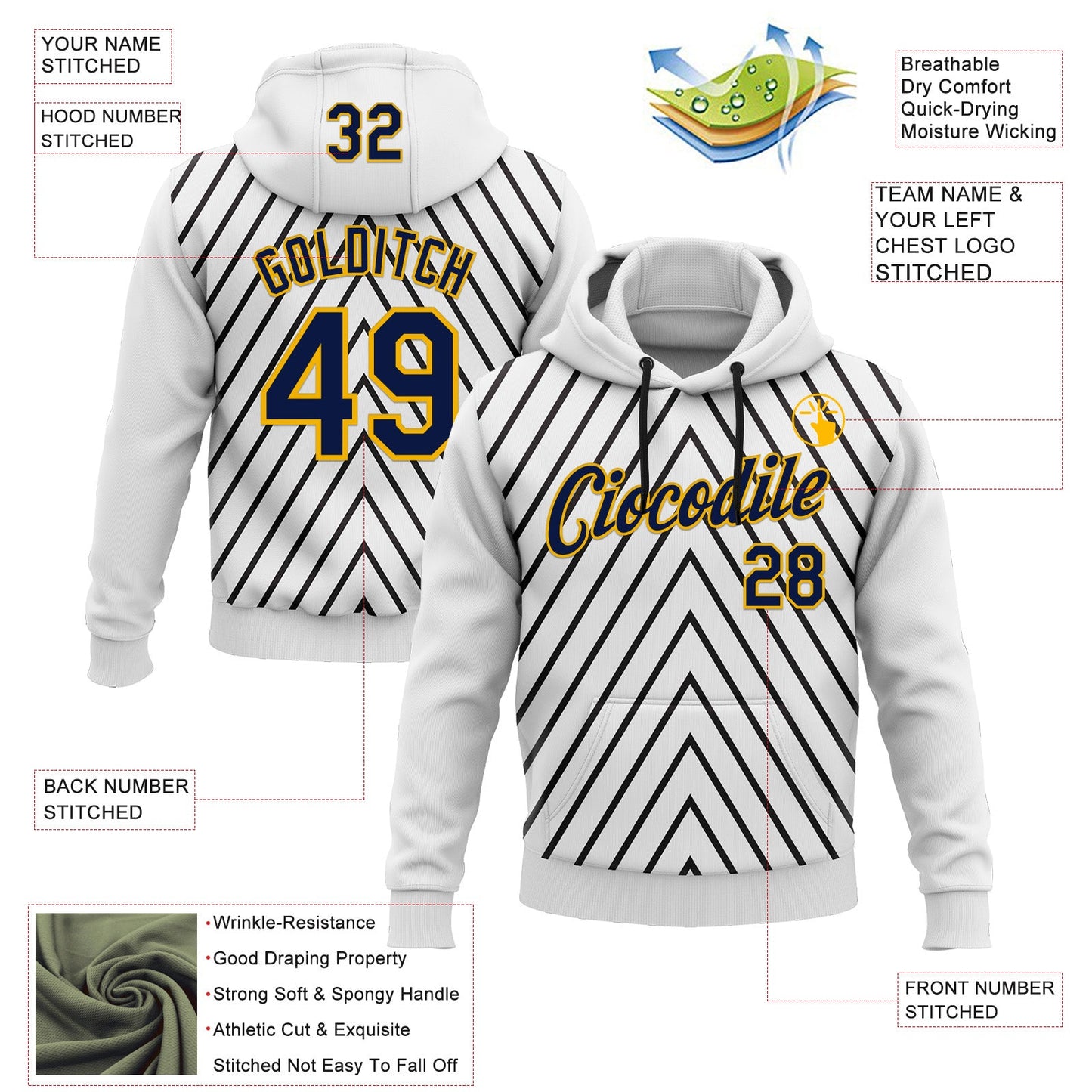 Custom Stitched White Navy Black-Gold 3D Pattern Design Sportswear Pullover Sweatshirt Hoodie view 2