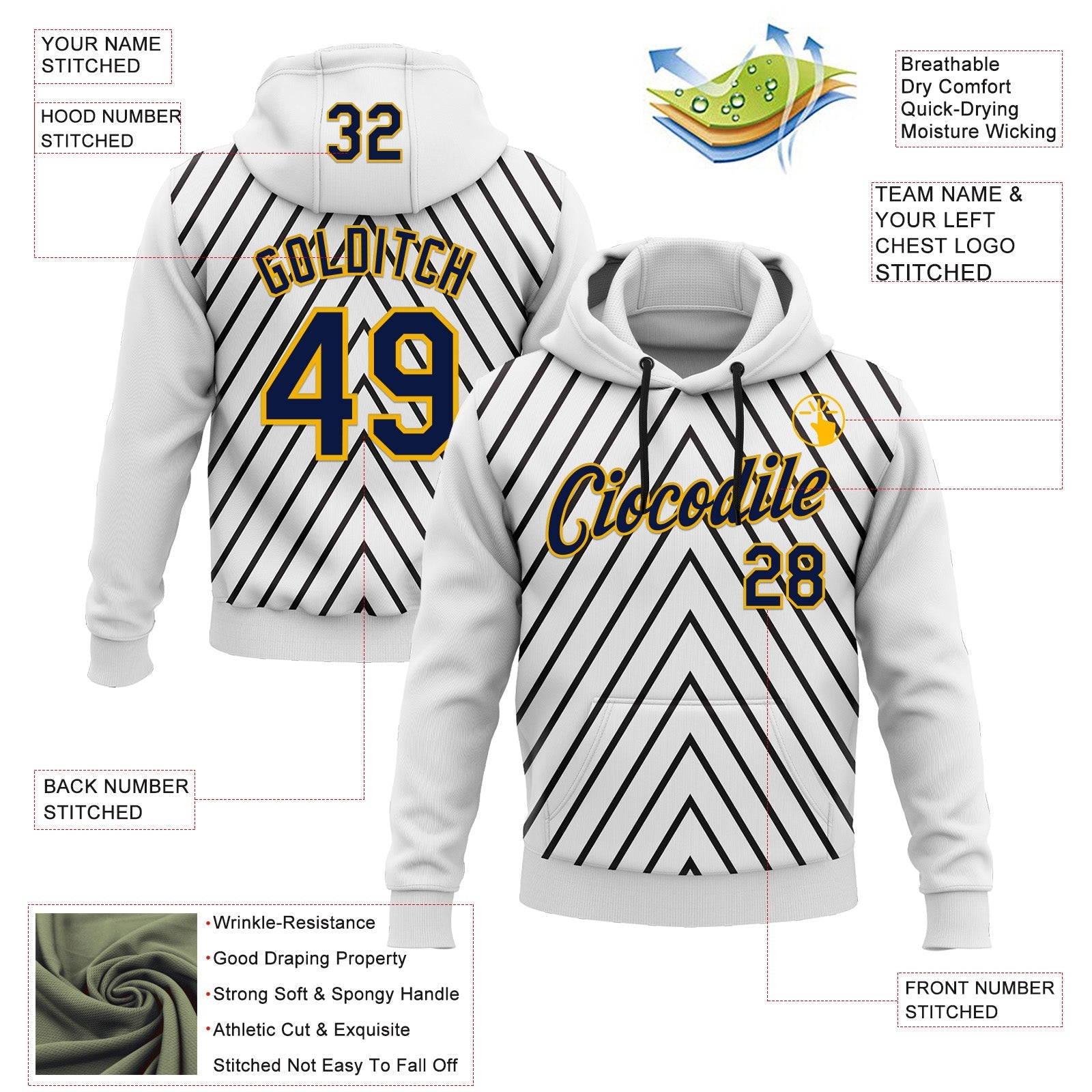 Custom Stitched White Navy Black-Gold 3D Pattern Design Sportswear Pullover Sweatshirt Hoodie view 2