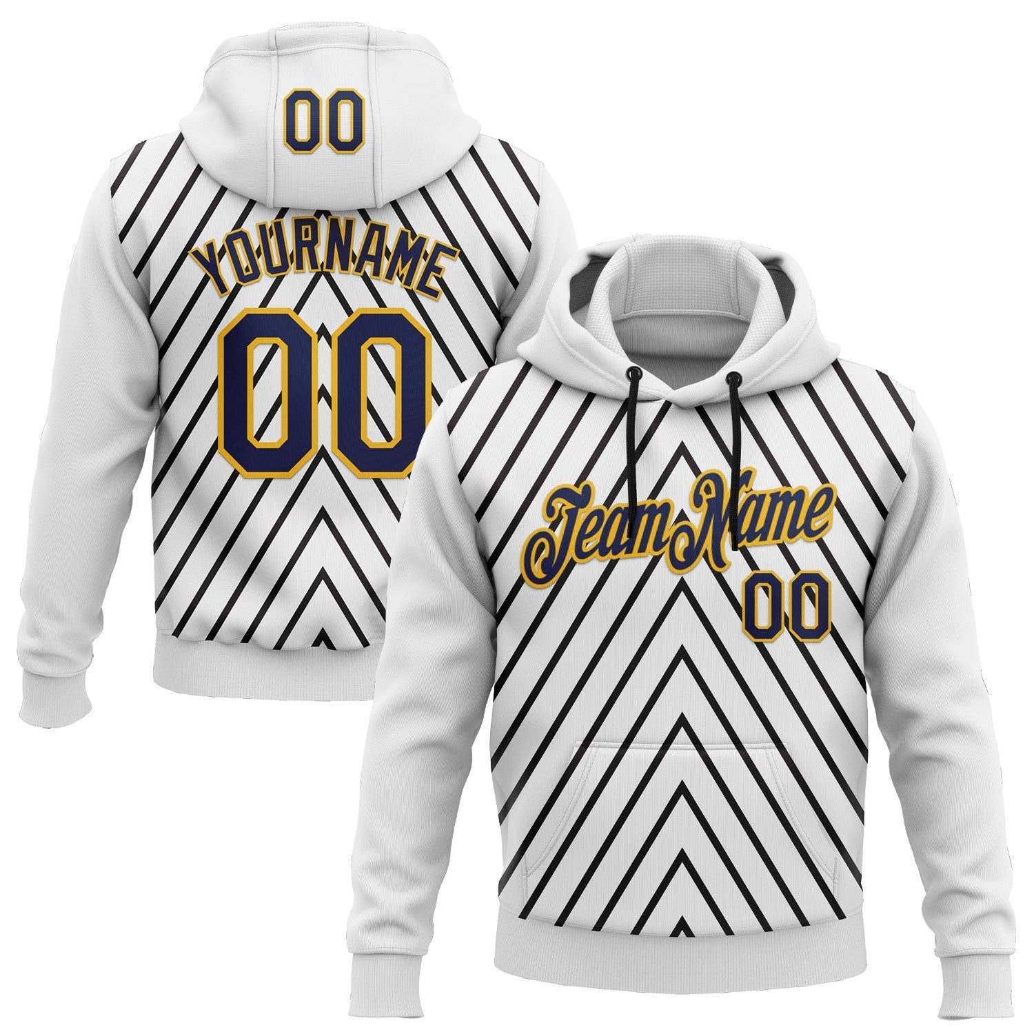 Custom Stitched White Navy Black-Gold 3D Pattern Design Sportswear Pullover Sweatshirt Hoodie - Main View