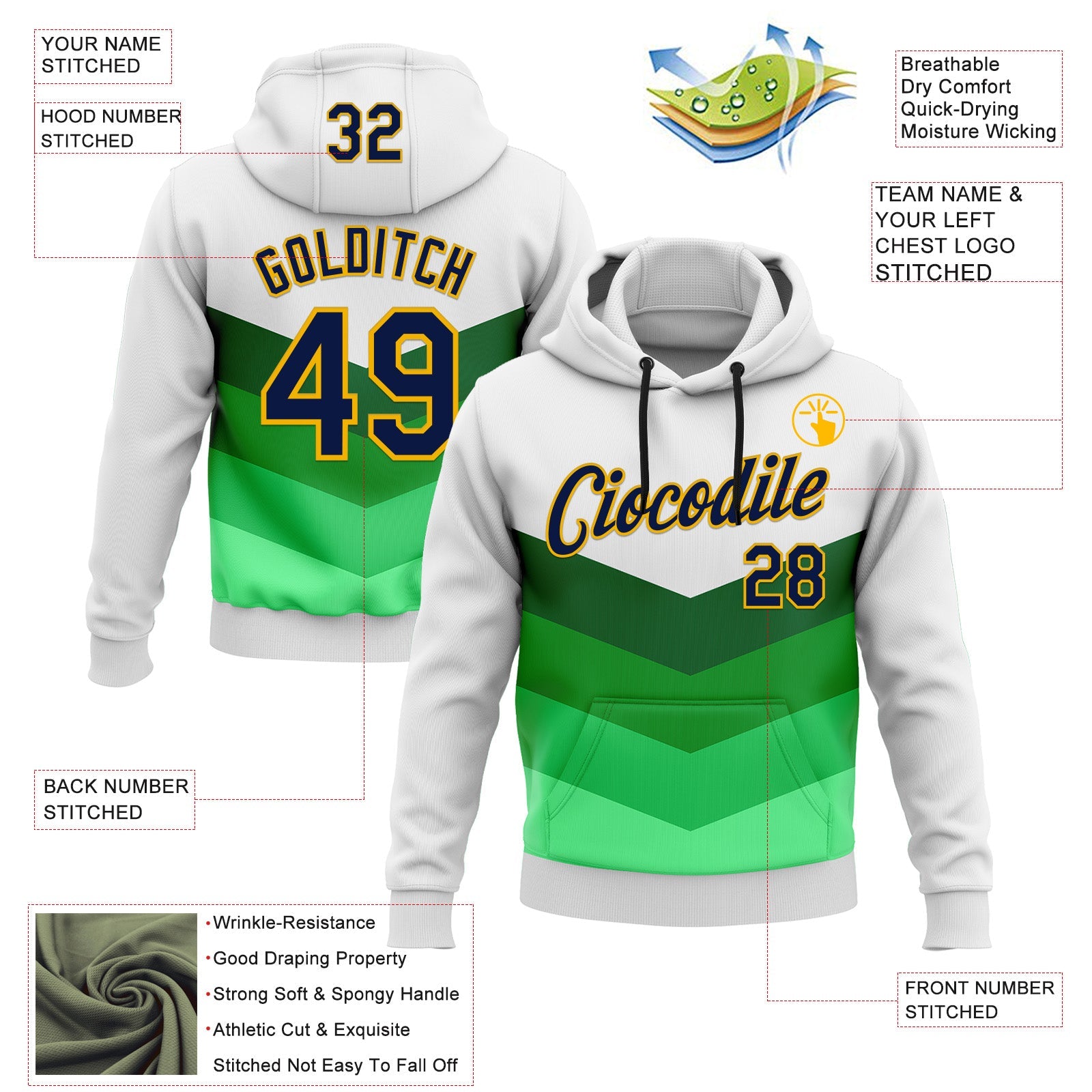 Custom Stitched White Navy Green-Gold 3D Pattern Design Sportswear Pullover Sweatshirt Hoodie view 2