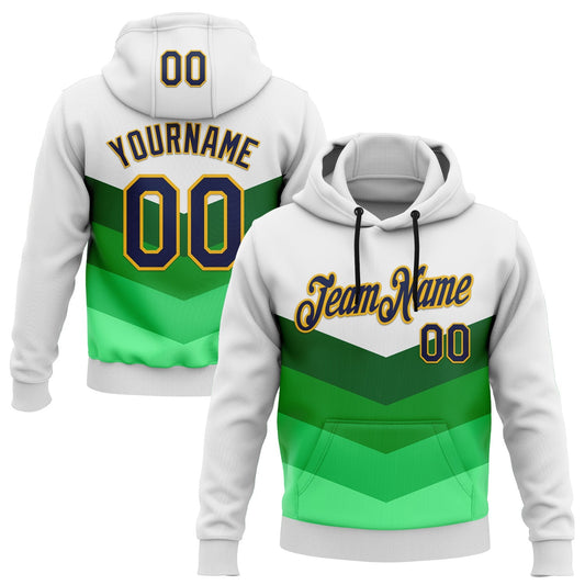 Custom Stitched White Navy Green-Gold 3D Pattern Design Sportswear Pullover Sweatshirt Hoodie - Main View