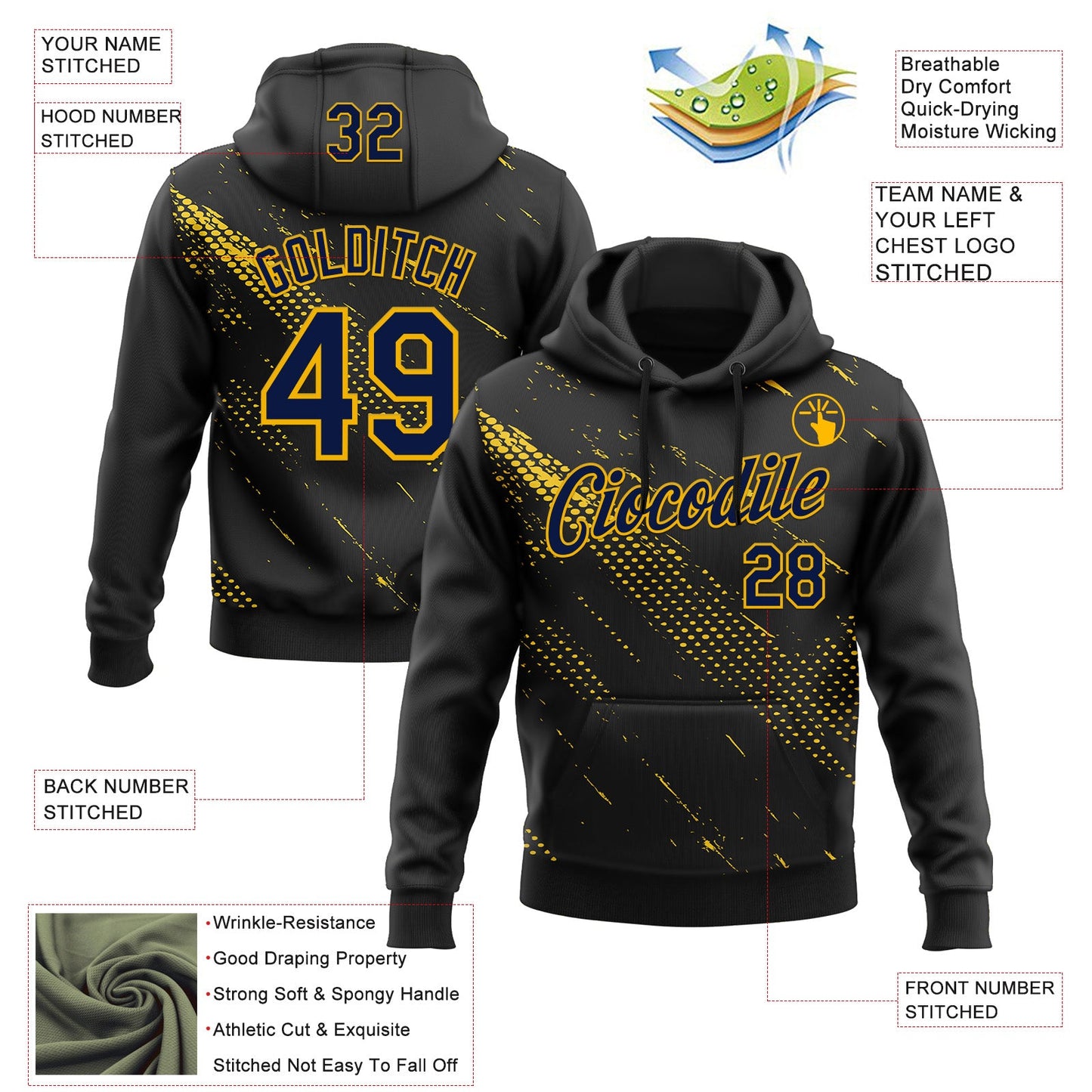 Custom Stitched Black Navy-Gold 3D Pattern Design Sportswear Pullover Sweatshirt Hoodie view 2