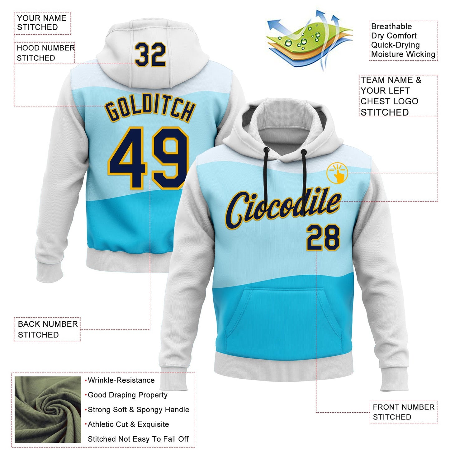 Custom Stitched Black Navy Blue-Gold 3D Pattern Design Sportswear Pullover Sweatshirt Hoodie view 2