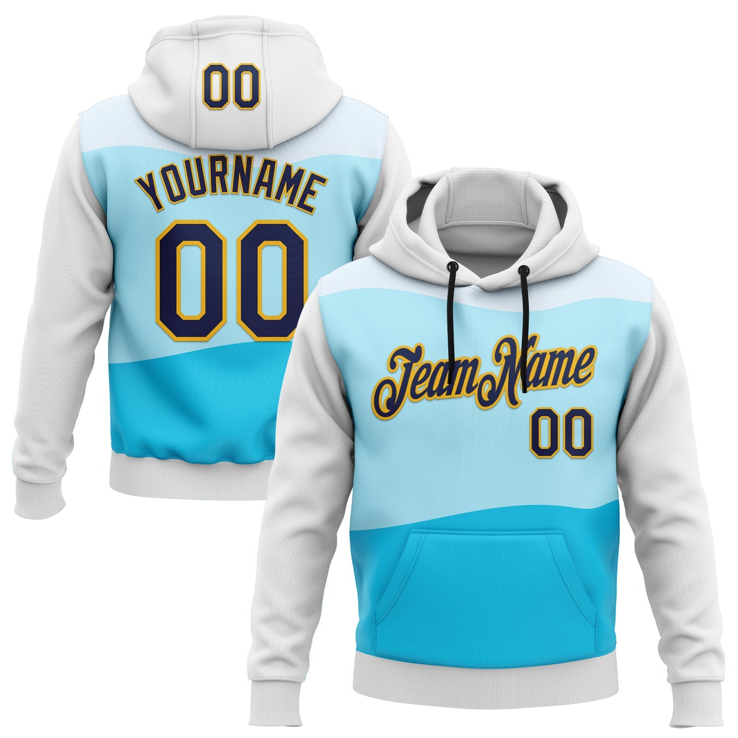 Custom Stitched Black Navy Blue-Gold 3D Pattern Design Sportswear Pullover Sweatshirt Hoodie - Main View
