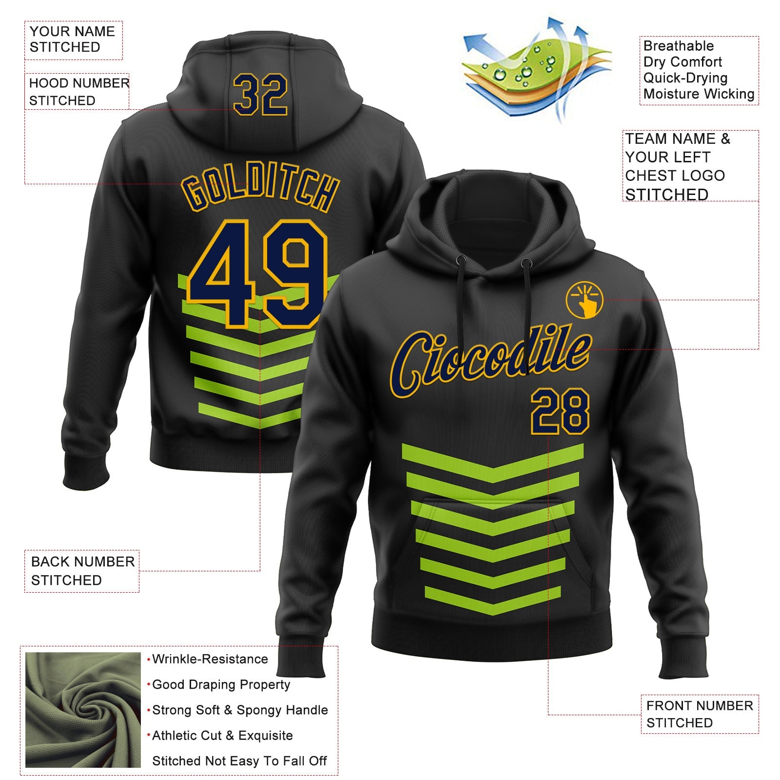 Custom Stitched Black Green-Gold 3D Pattern Design Sportswear Pullover Sweatshirt Hoodie view 2