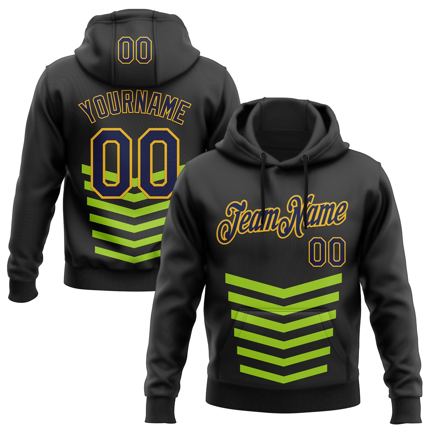 Custom Stitched Black Green-Gold 3D Pattern Design Sportswear Pullover Sweatshirt Hoodie - Main View