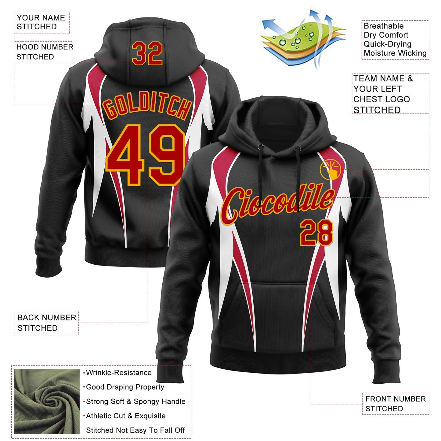 Custom Stitched Black Red White-Gold 3D Pattern Design Sportswear Pullover Sweatshirt Hoodie view 2