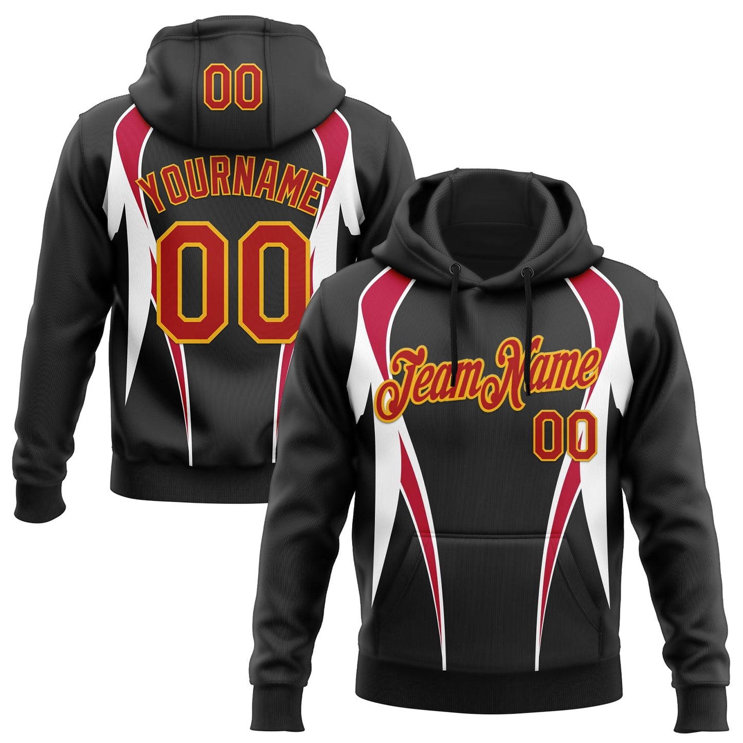 Custom Stitched Black Red White-Gold 3D Pattern Design Sportswear Pullover Sweatshirt Hoodie - Main View