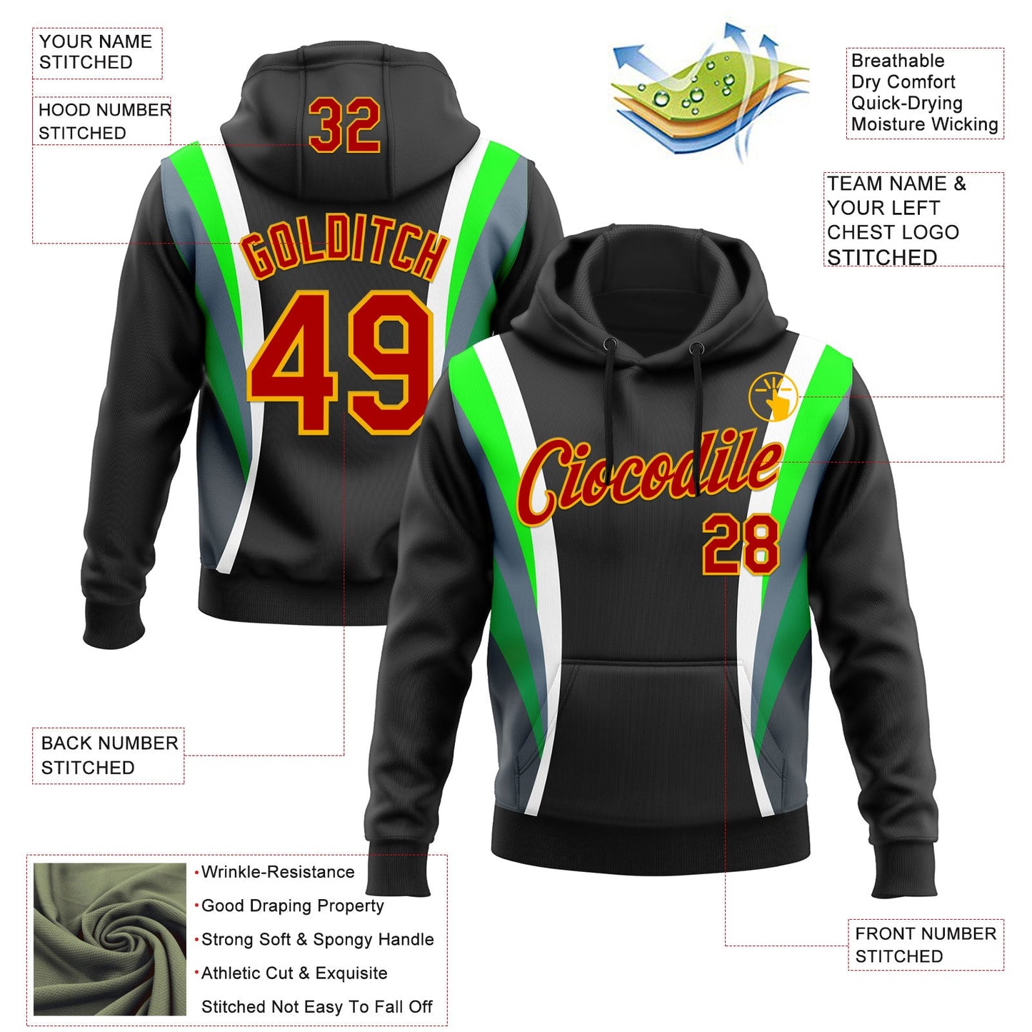 Custom Stitched Black Red White Green-Gold 3D Pattern Design Sportswear Pullover Sweatshirt Hoodie view 2