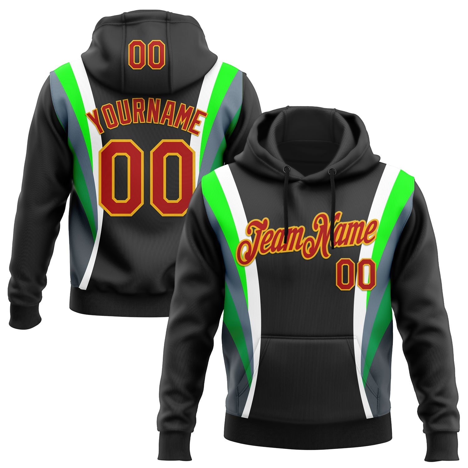 Custom Stitched Black Red White Green-Gold 3D Pattern Design Sportswear Pullover Sweatshirt Hoodie - Main View