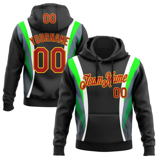 Custom Stitched Black Red White Green-Gold 3D Pattern Design Sportswear Pullover Sweatshirt Hoodie - Main View