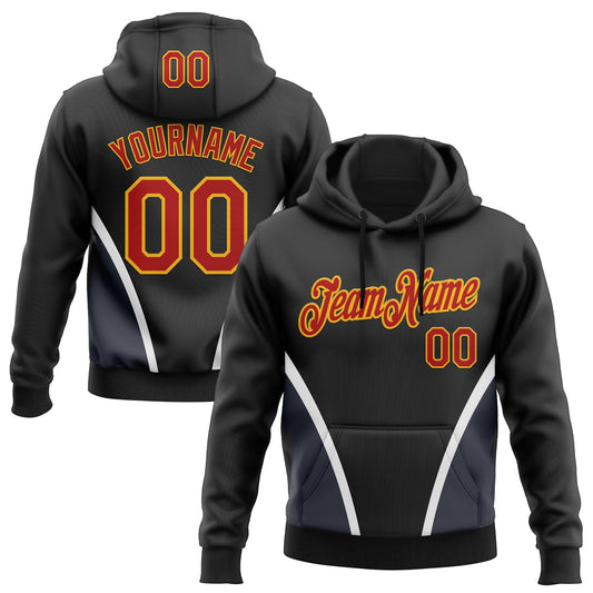 Custom Stitched Black Red White-Gold 3D Pattern Design Sportswear Pullover Sweatshirt Hoodie - Main View