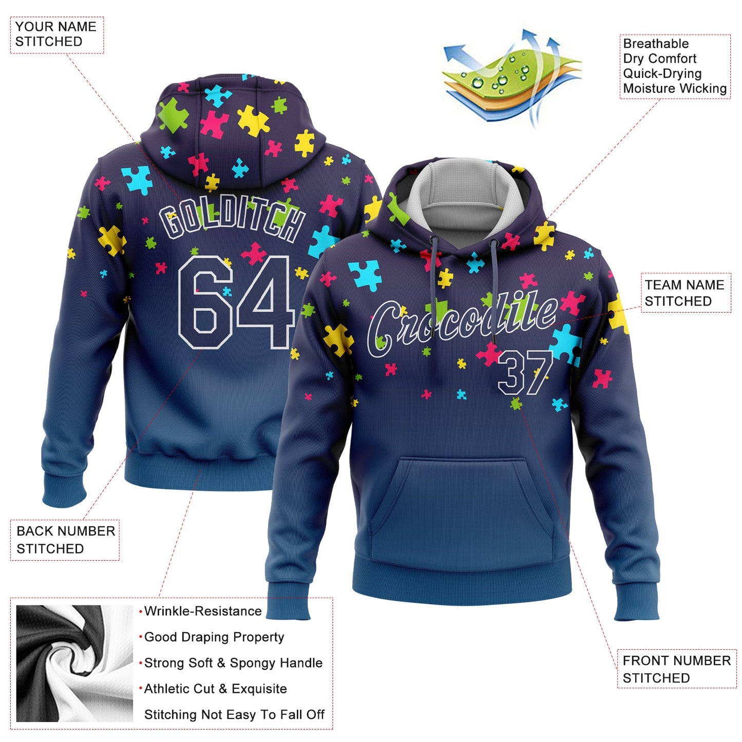 Custom Stitched Autism Supporter Awareness Puzzle Pieces Navy-White 3D Pattern Design Sports Pullover Sweatshirt Hoodie view 2