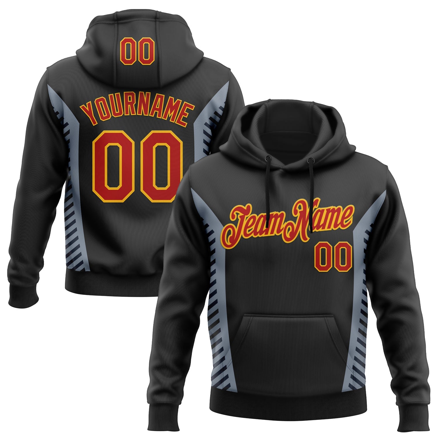 Custom Stitched Black Red Gray-Gold 3D Pattern Design Sportswear Pullover Sweatshirt Hoodie - Main View