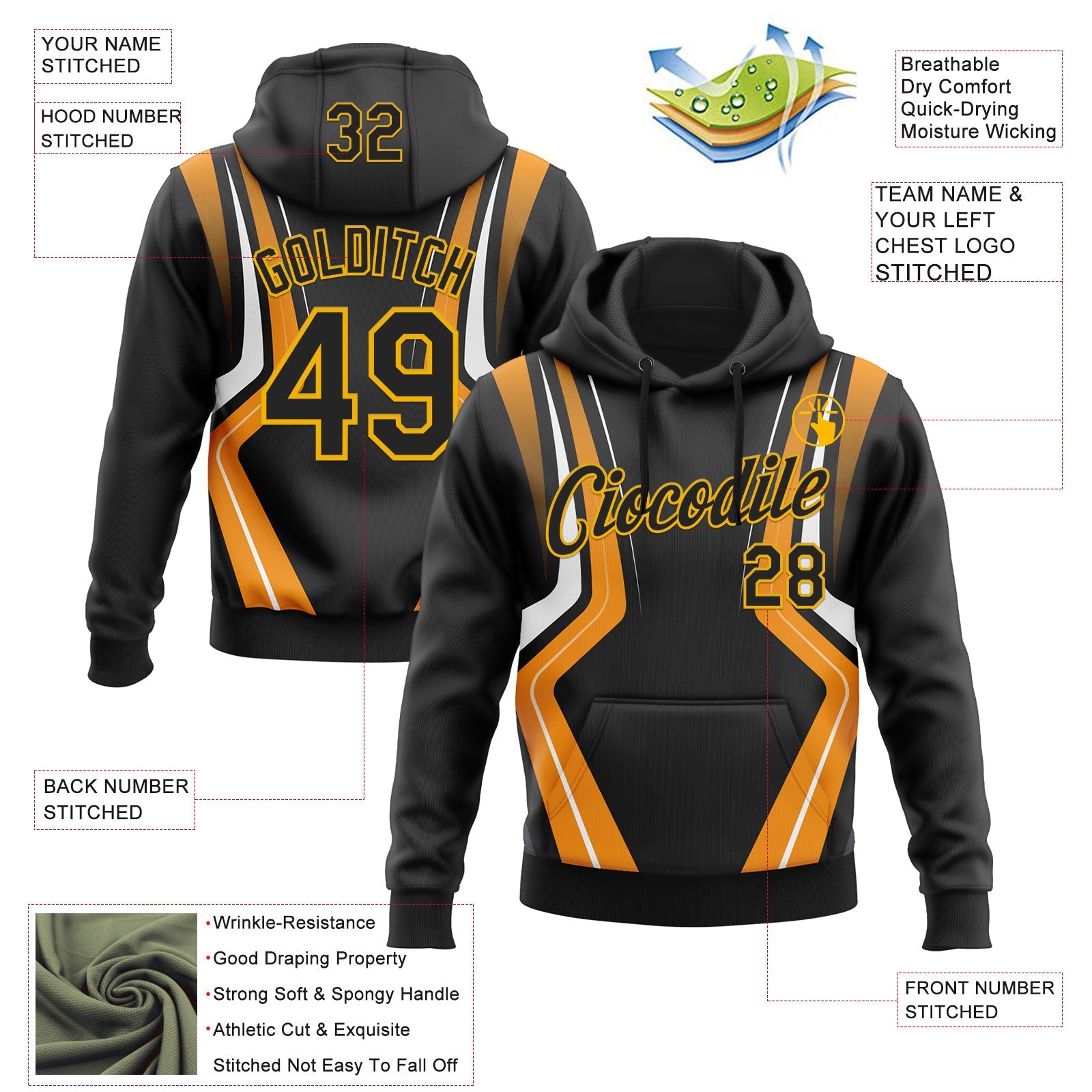 Custom Stitched Black Orange White-Gold 3D Pattern Design Sportswear Pullover Sweatshirt Hoodie view 2