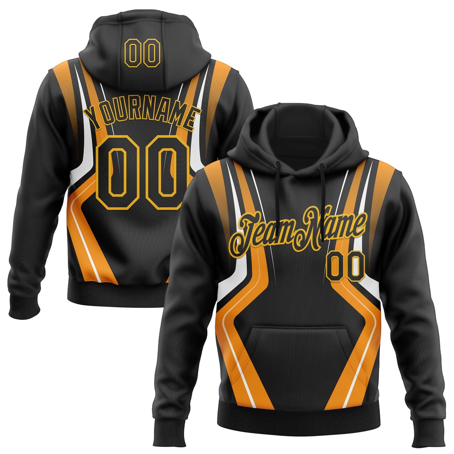 Custom Stitched Black Orange White-Gold 3D Pattern Design Sportswear Pullover Sweatshirt Hoodie - Main View
